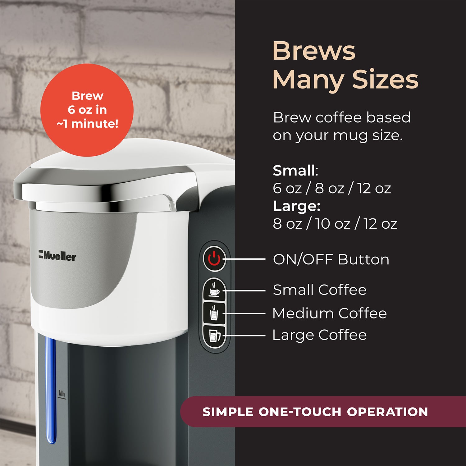 Mueller Single Serve Pod Compatible Coffee Maker Machine With 4 Brew Sizes  White