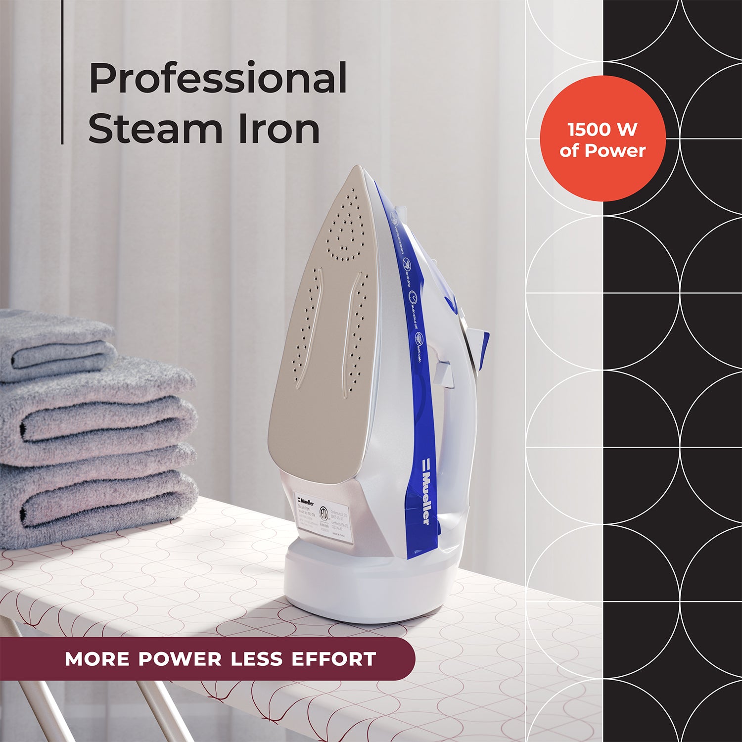 Mueller Professional Grade Steam Iron, Retractable Cord for Easy Storage, Shot of Steam/Vertical Shot, 8 ft Cord, 3 Way Auto Shut Off, Self Clean